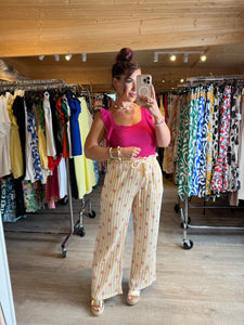 Pantalon rayé jaune fleurs gaz de coton ( 34 au 46 )