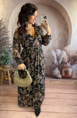 Robe longue noir motif beige WINDY (36 au 48)