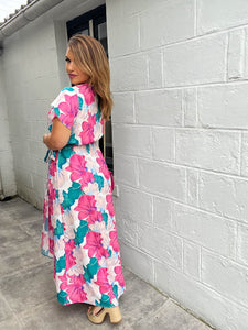 Robe fleuri verte/rose LARA ( 34 au 48 )