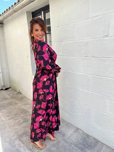 Robe longue fleuri fuchsia avec ceinture tulipa ( 36 au 50 )
