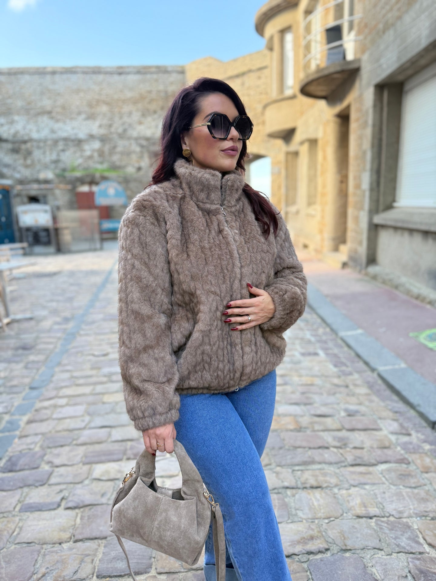 Manteau marron clair fourrure synthétique THAIS (36 au 42 )