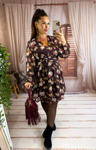 Charger l'image dans la galerie, Robe courte bordeaux motif rose pale NORA (36 au 48)