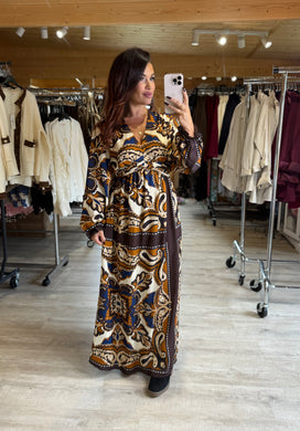 Robe longue motif bleu, camel , chocolat SANDRA (40 au 48)