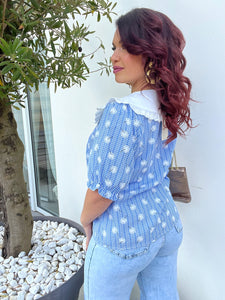 Chemisier bleu pissenlit col Claudine ( 34 au 48 )
