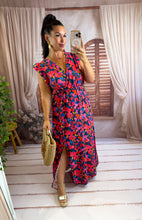 Charger l'image dans la galerie, Robe longue bleu motif fuchsia IZÏA  (38 au 48)