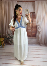 Charger l'image dans la galerie, Robe gaz de coton blanche motif bleu marine OLYMPE (36 au 48 )