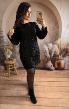 Charger l&#39;image dans la galerie, Robe courte droite noir sequins noeud velours dos EMILIE (34 au 38)⭐️