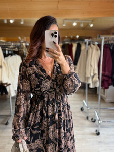 Robe longue noir motif fleur marron LINDA (40 au 48)