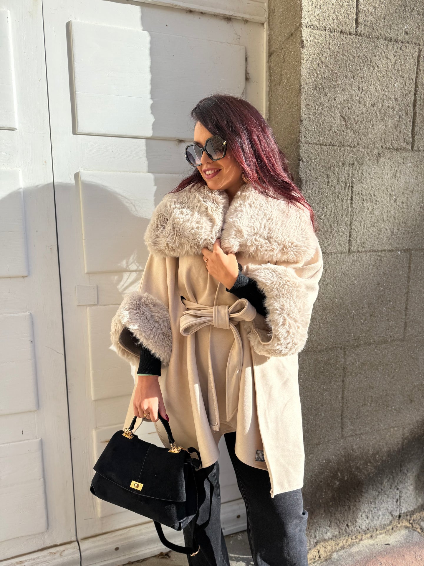 Manteau cape fourrure beige NÉLYA (36 au 46)