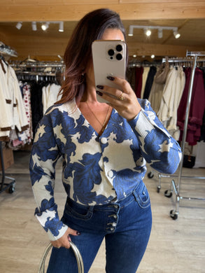 Gilet écru motif bleu FRANÇOISE (34 au 44)