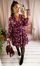 Charger l'image dans la galerie, Robe courte bordeaux à motif fleurs NORA (36 au 48)
