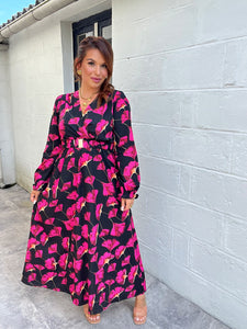 Robe longue fleuri fuchsia avec ceinture tulipa ( 36 au 50 )