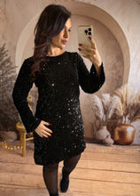 Charger l&#39;image dans la galerie, Robe courte droite noir sequins noeud velours dos EMILIE (34 au 38)⭐️