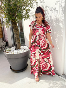 Robe motif rose/ecru ZÉLIE ( 40 au 46 )