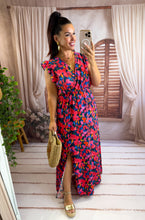 Charger l'image dans la galerie, Robe longue bleu motif fuchsia IZÏA  (38 au 48)