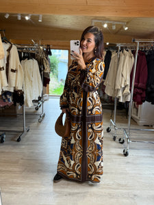 Robe longue motif bleu, camel , chocolat SANDRA (40 au 48)