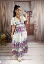 Charger l'image dans la galerie, Robe longue blanche à motif rose et bleu ISILIA (36 au 48 )