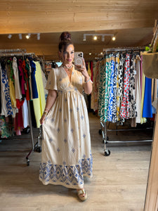 Robe beige motif bleu ALENA ( reste taille s/m et m/l )
