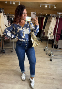Gilet écru motif bleu FRANÇOISE (34 au 44)