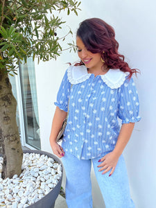 Chemisier bleu pissenlit col Claudine ( 34 au 48 )