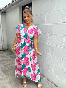Robe fleuri verte/rose LARA ( 34 au 48 )