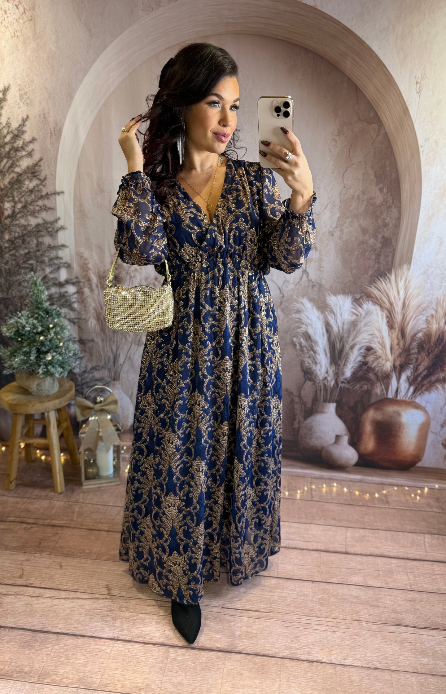 Robe longue bleu marine motif marron LUMI (40 au 48)