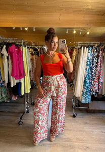 Pantalon fleuri rose ceinture cordelette ☀️