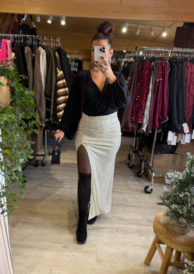 Jupe sequin fendu beige/doré PAOLA (34 au 38)