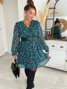 Robe bleu marine fleuri verte Lilou. ( 36 au 48 )