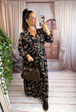 Charger l'image dans la galerie, Robe noir motif fleuri taupe LINDA (40 au 48)