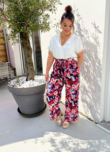 Pantalon albina motif bleu marine/corail ( taille 34 au 48 )