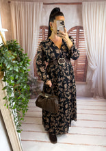 Charger l'image dans la galerie, Robe noir motif fleuri taupe LINDA (40 au 48)