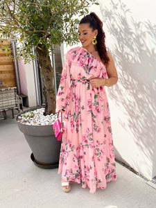 Robe rose fleurs asymétrique ADÈLE ( taille 36 au 42 )