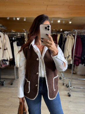 Gilet sans manches moumoute chocolat/écru LALA (34 au 44)