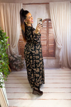 Charger l'image dans la galerie, Robe noir motif fleuri taupe LINDA (40 au 48)