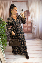 Charger l'image dans la galerie, Robe noir motif fleuri taupe LINDA (40 au 48)