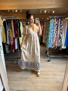 Robe beige motif bleu ALENA ( reste taille s/m et m/l )