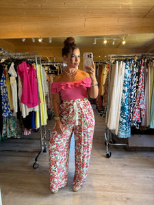 Pantalon fleuri rose ceinture cordelette ☀️