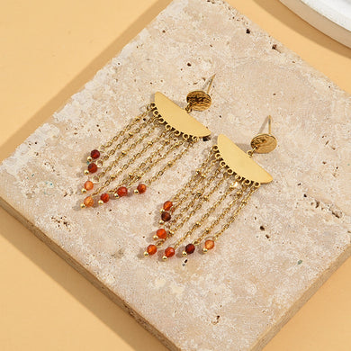 Boucles d'Oreilles Dorées Plaques Demi-Lunes Chaînes Et Pierres Cornaline ☀️