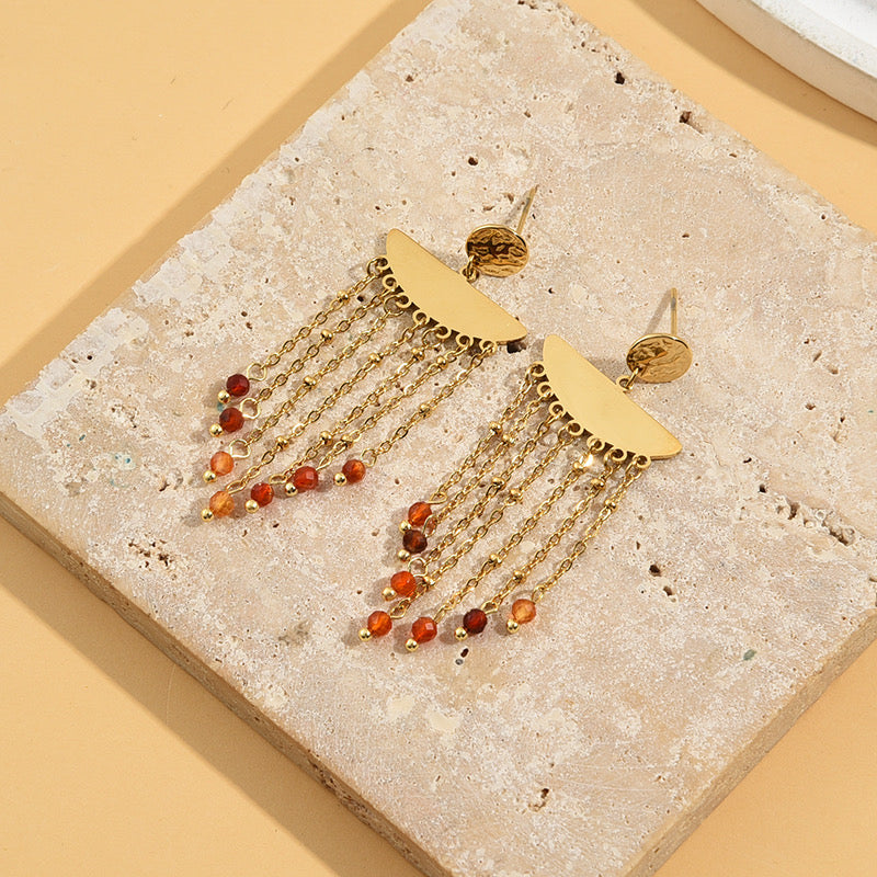 Boucles d'Oreilles Dorées Plaques Demi-Lunes Chaînes Et Pierres Cornaline ☀️