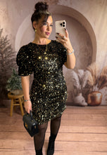Charger l'image dans la galerie, Robe velours noir sequins or dos nu ROSIANA  (34 au 40)