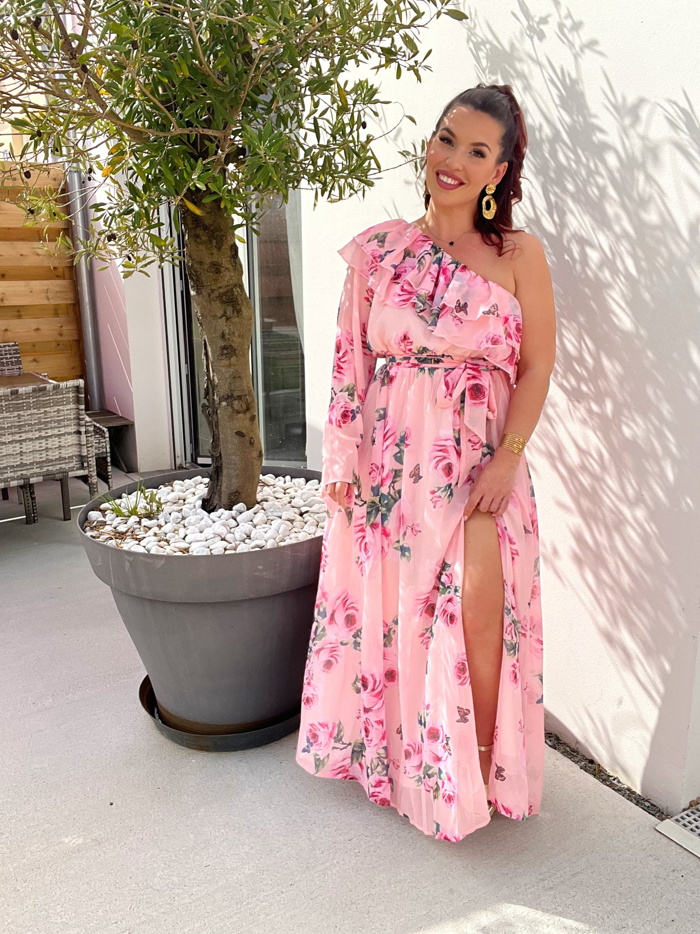Robe rose fleurs asymétrique ADÈLE ( taille 36 au 42 )