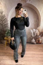 Charger l'image dans la galerie, Body drapé à manches longues avec boucle ornementale noir SIRINE (34 au 38)