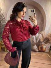 Charger l&#39;image dans la galerie, Top plissé manche dentelle bordeaux AMANDA (36 au 46)