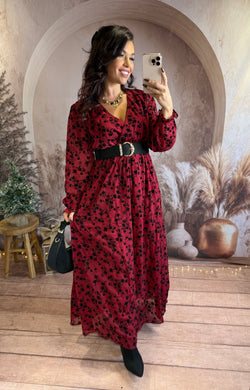 Robe longue bordeaux motif noir velours  LUMI (40 au 48)