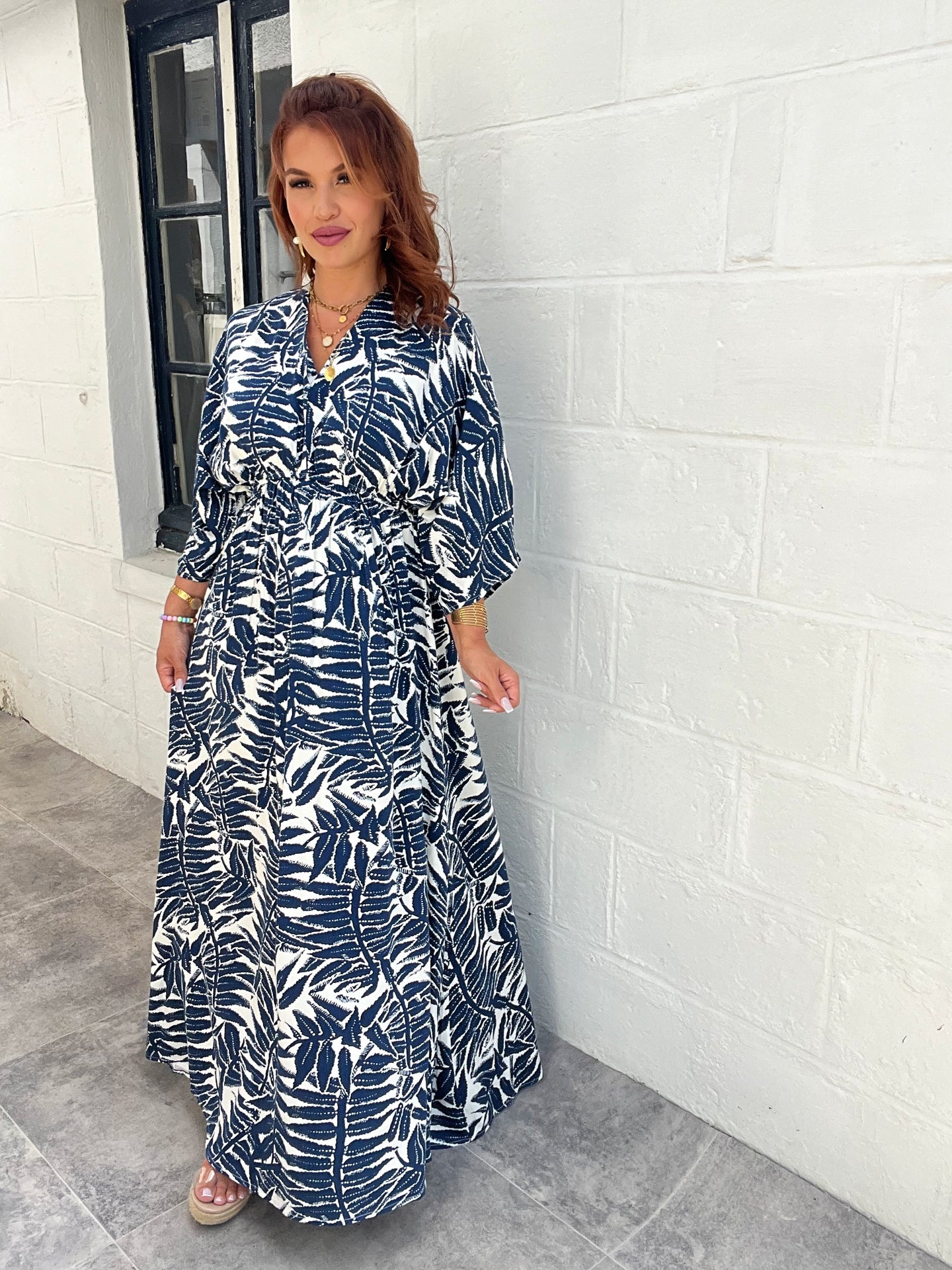 Robe motif feuille bleu marine ( 36 au 48 )