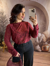 Charger l'image dans la galerie, Top en transparence bordeaux avec motifs velours JAMIE (36 au 48)