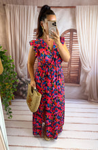 Charger l'image dans la galerie, Robe longue bleu motif fuchsia IZÏA  (38 au 48)